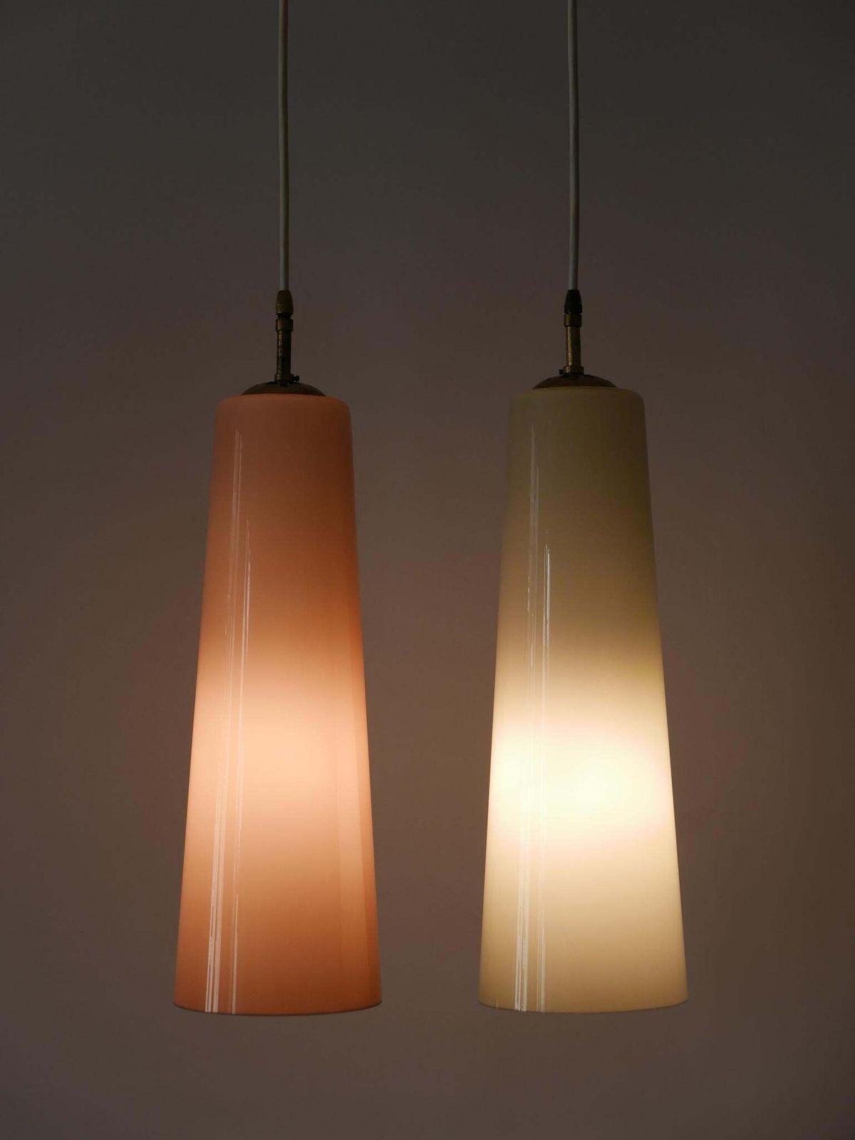 Set Of Two Elegant Mid Century Murano Glass Pendant Lamps By Vistosi Italy 1950s photo furniture