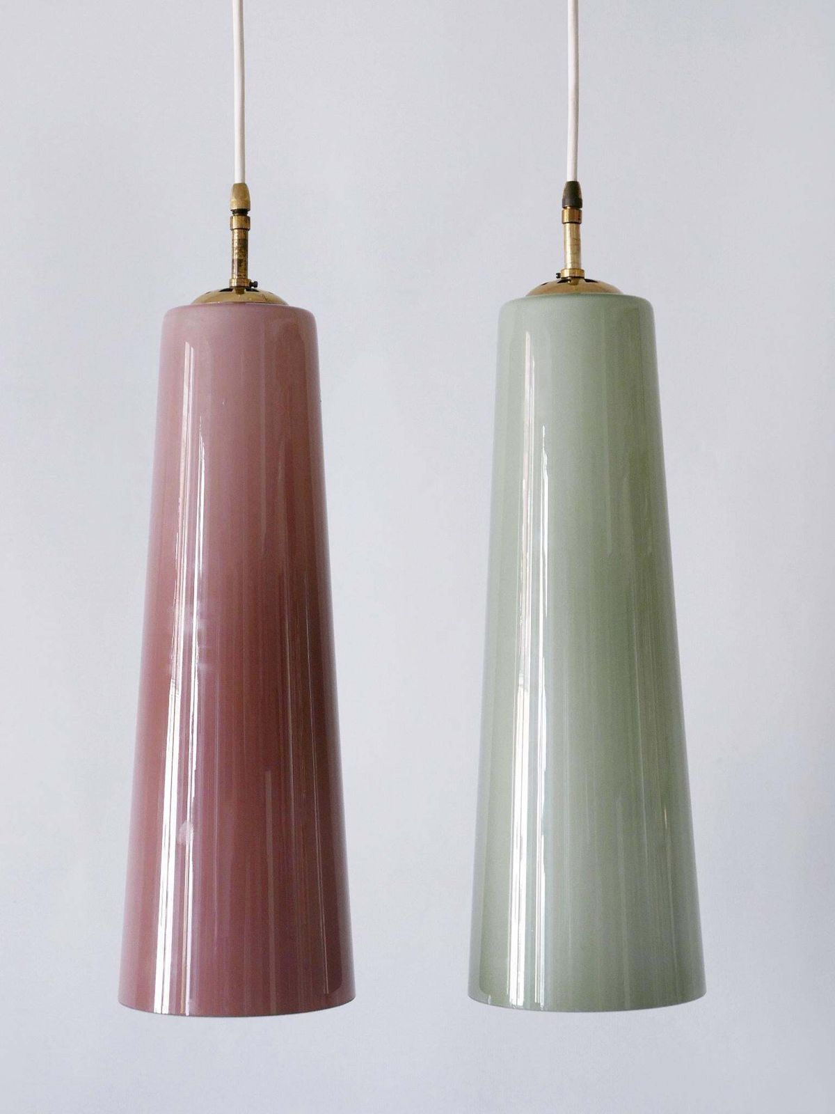photo for sale Set Of Two Elegant Mid Century Murano Glass Pendant Lamps By Vistosi Italy 1950s