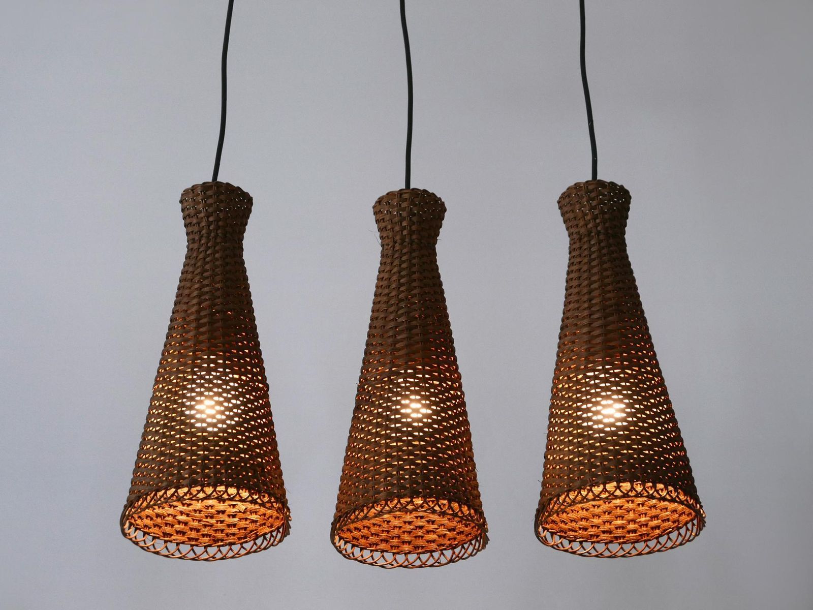photo buy Set Of Three Lovely Mid Century Modern Rattan Diabolo Pendant Lamps 1960s