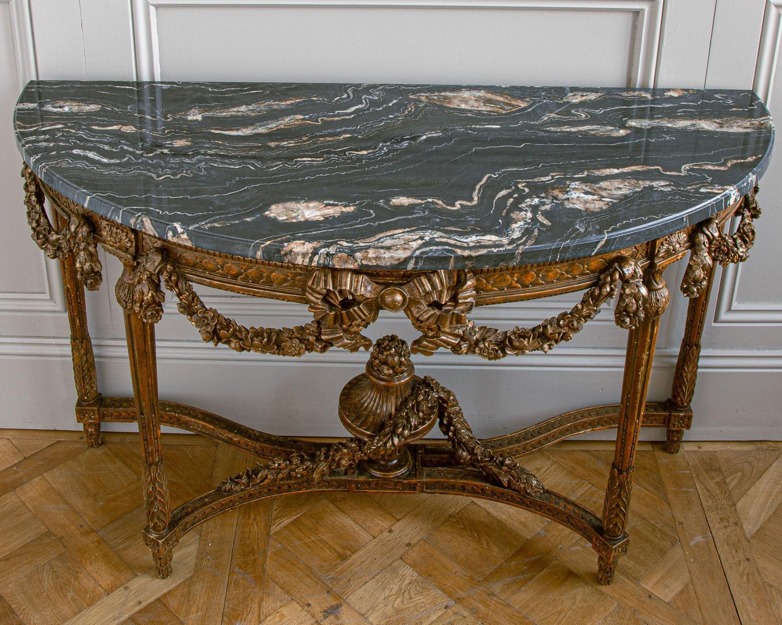 photo for sale Large Louis XVI Style Demi Lune Console By La Maison London With A Portoro Top