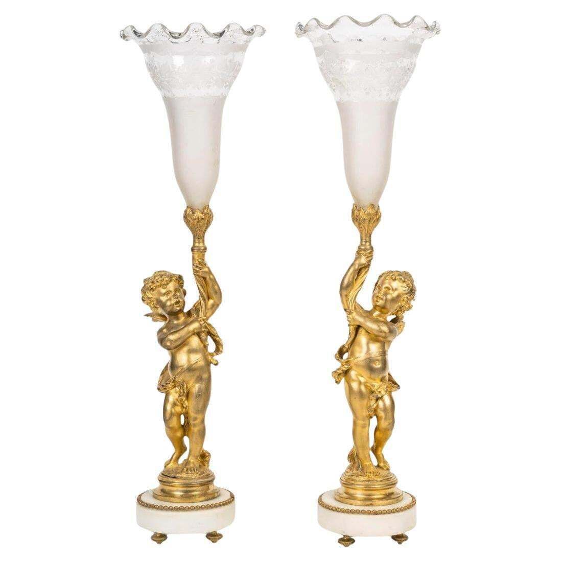 A Pair Of Gilt Bronze And Crystal Cornet Vases, 19th Century.