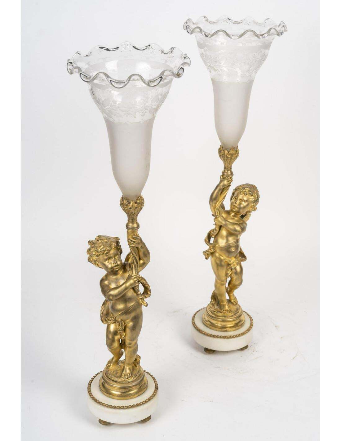 A Pair Of Gilt Bronze And Crystal Cornet Vases, 19th Century. photo Home Decor