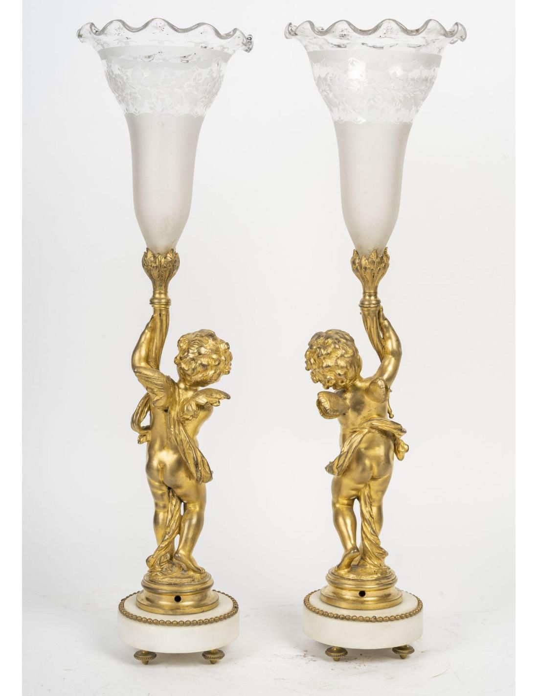 A Pair Of Gilt Bronze And Crystal Cornet Vases, 19th Century. photo buy