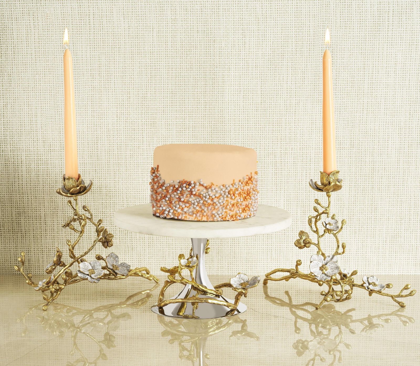 Pair Of Orchid Candleholders, Crafted In Brass And White Enamel. photo Home Decor