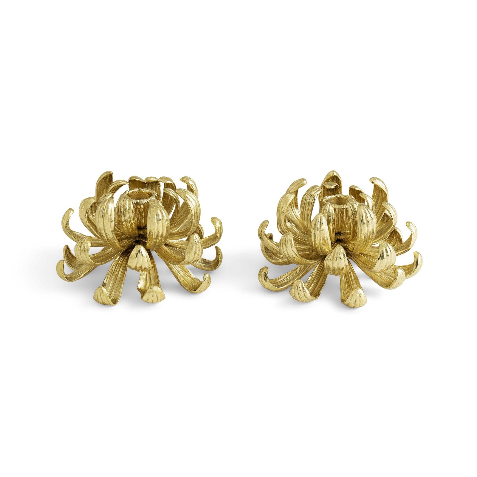 Pair Of Dahlia Candlesticks, Gilded Metal, Contemporary Work. photo for sale