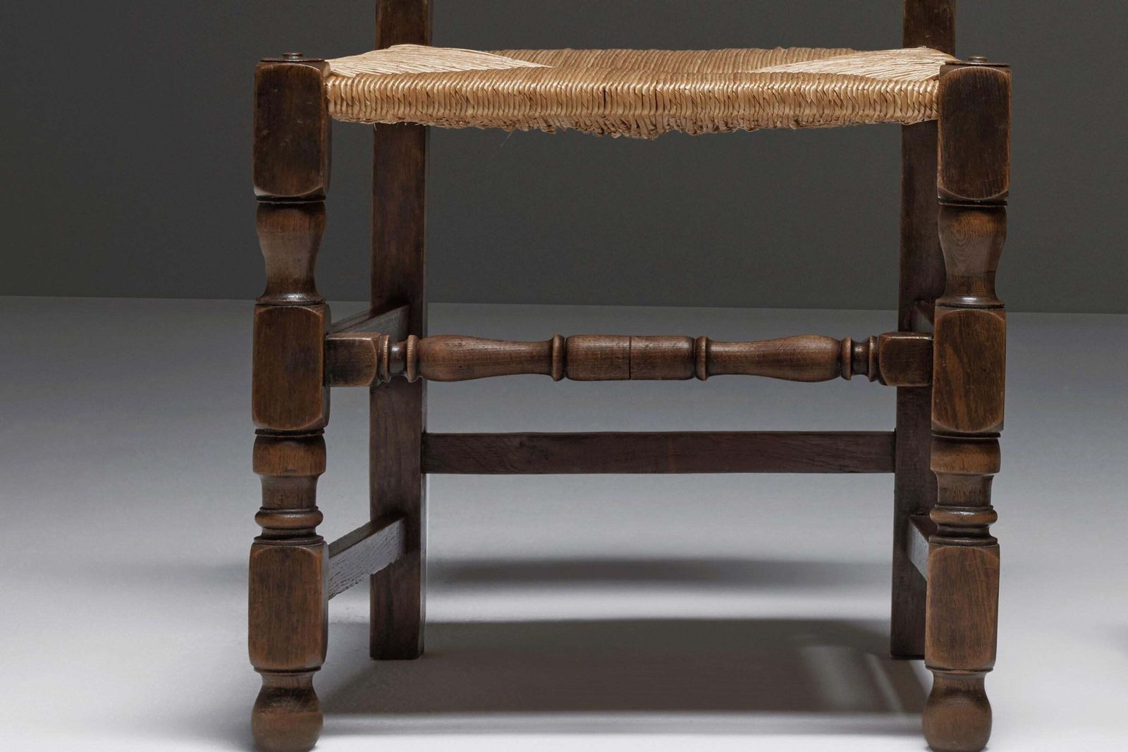 Set Of Six Oak And Rush Chairs With Sculptural Legs, Europe 1940s photo buy