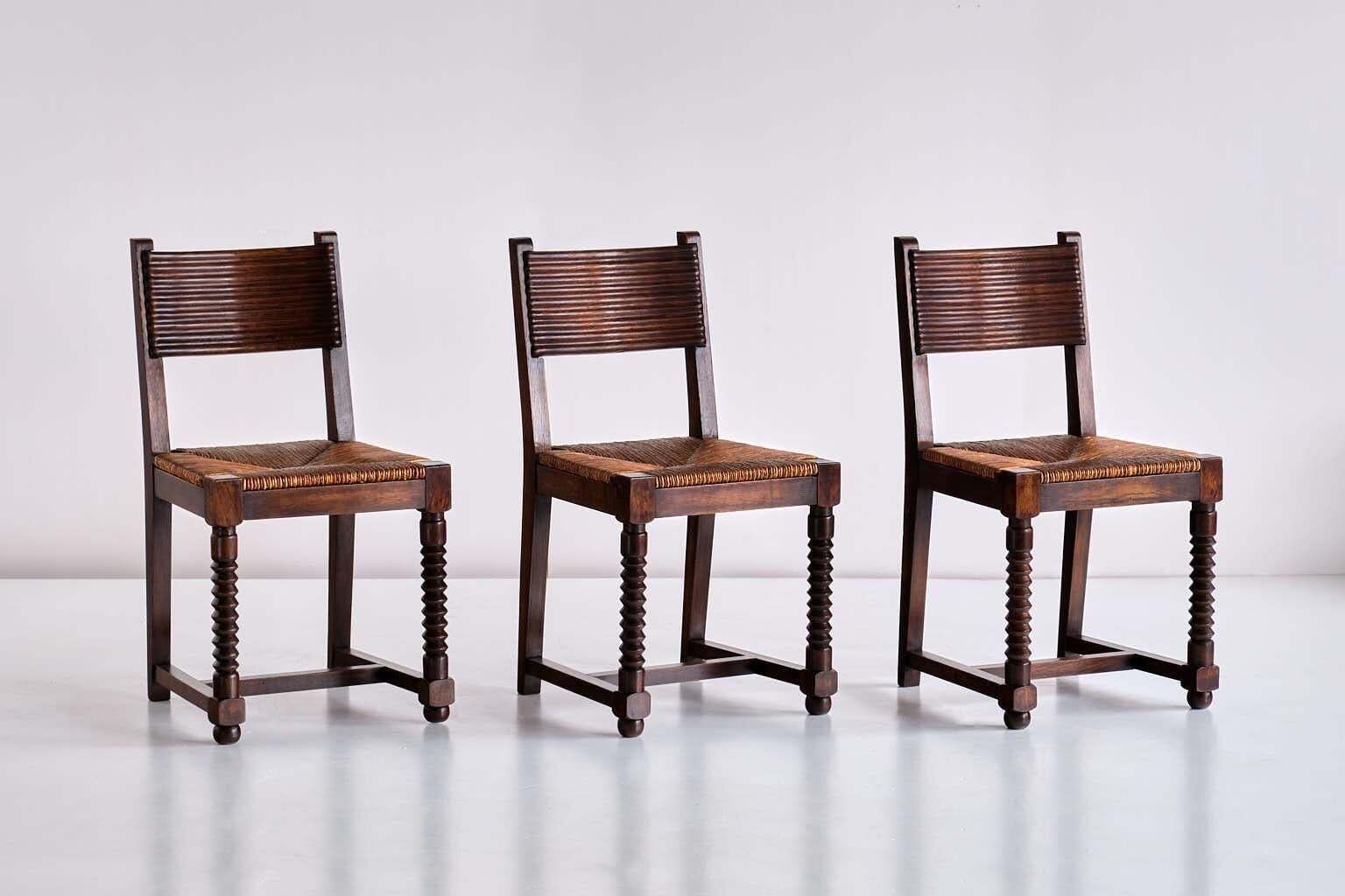 Set Of Six Victor Courtray Dining Chairs In Oak And Rush, France, 1940s photo Furniture