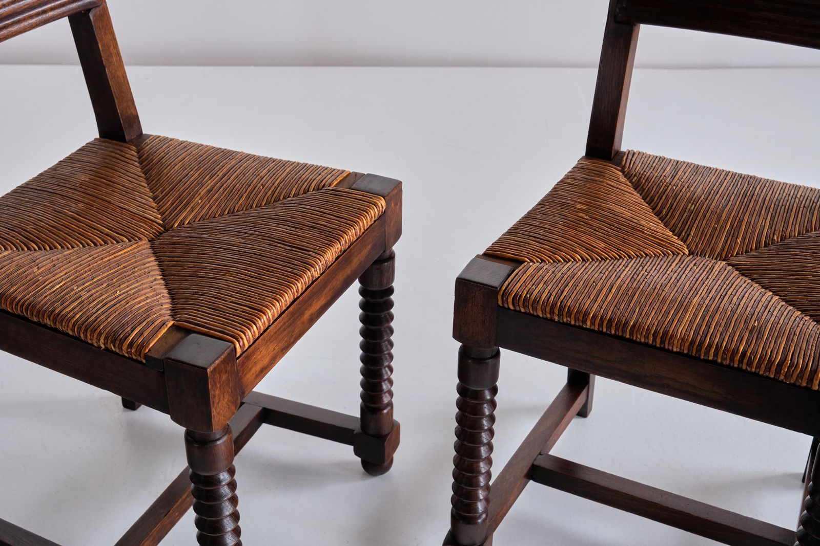 Set Of Six Victor Courtray Dining Chairs In Oak And Rush, France, 1940s photo buy