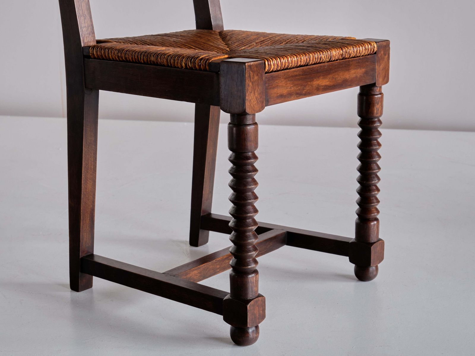 8039.0 Set Of Six Victor Courtray Dining Chairs In Oak And Rush, France, 1940s photo