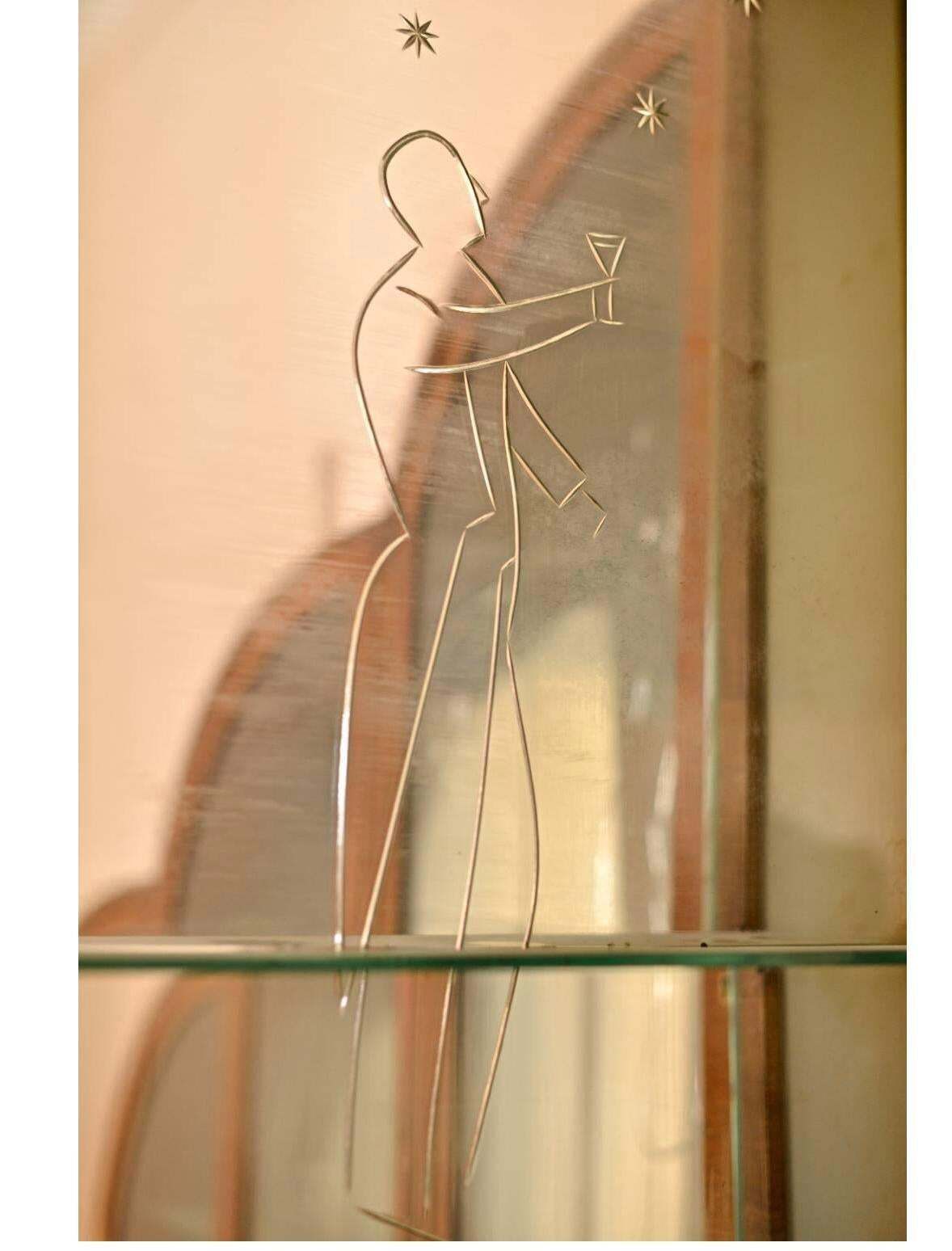 1946 Bespoke Handmade Art Deco Bar Engraved Bevel Mirror, Early 20th Century A photo 49995.0