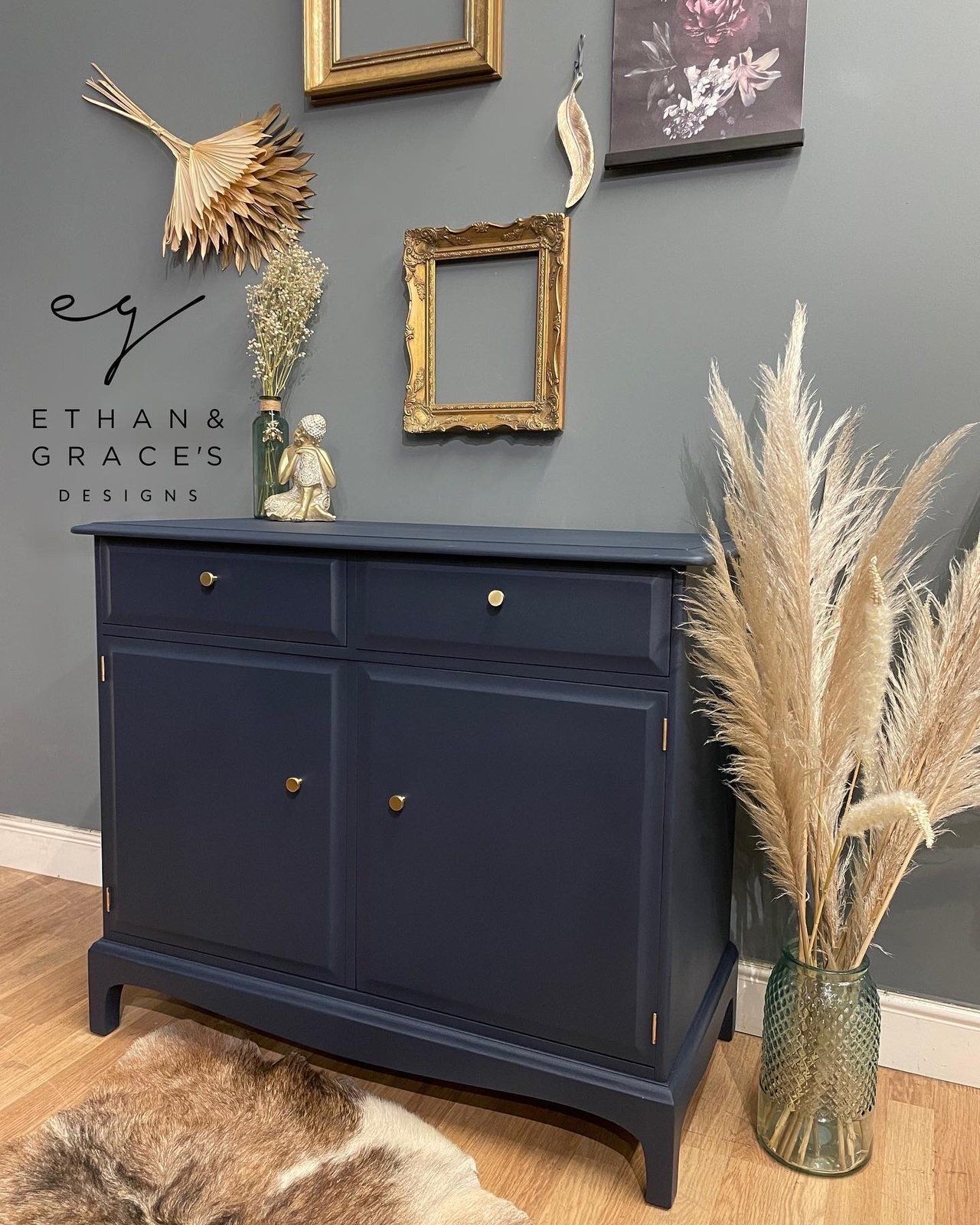 Dark Blue & Gold Stag Small Sideboard