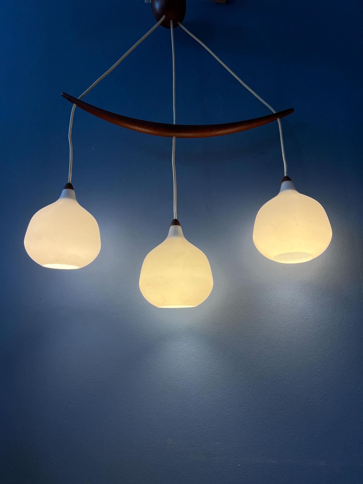 Teak Wood Opaline Glass Chandelier 512 By Uno & östen Kristiansson For Luxus Sweden photo furniture