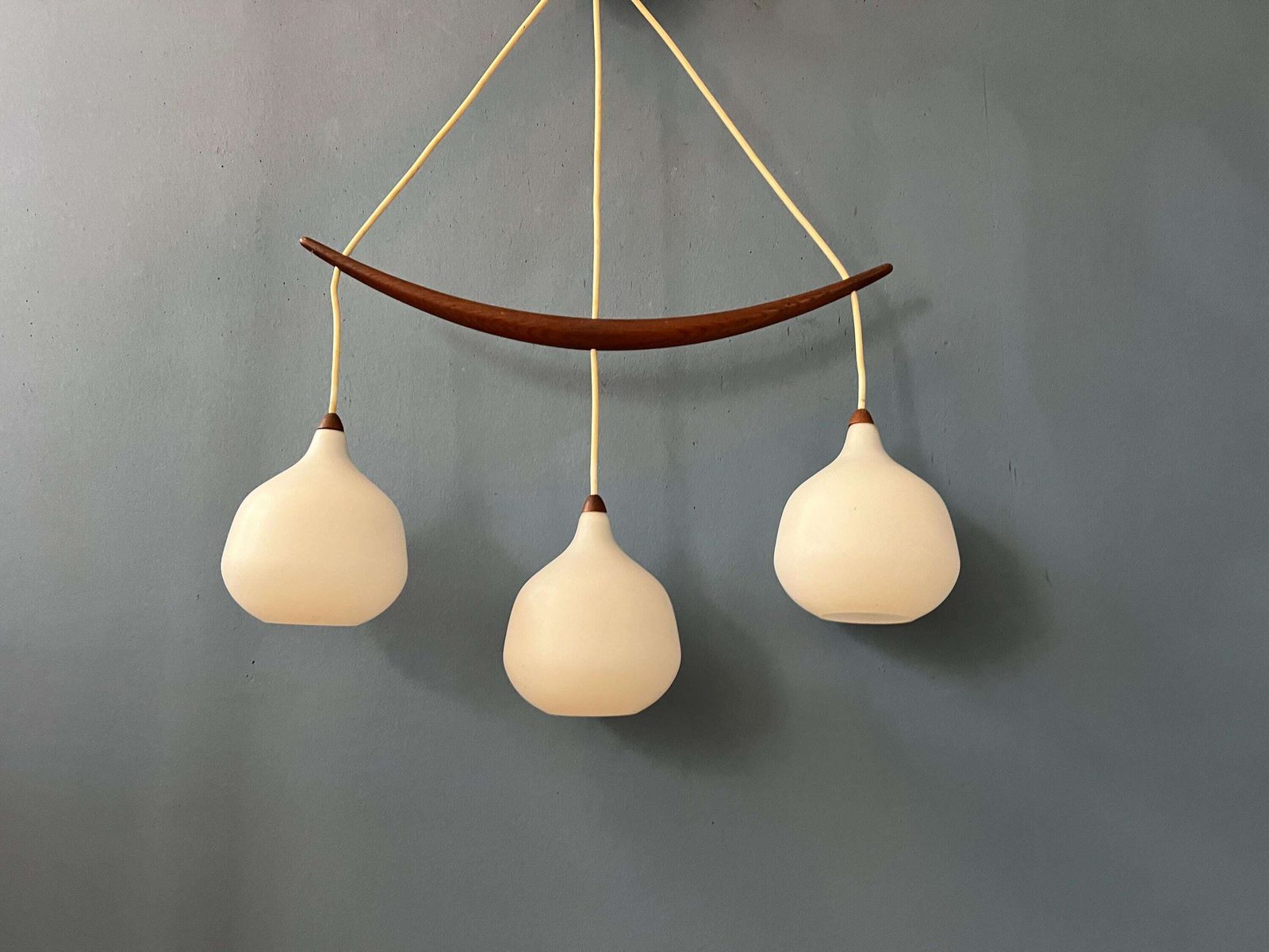 Teak Wood Opaline Glass Chandelier 512 By Uno & östen Kristiansson For Luxus Sweden photo buy