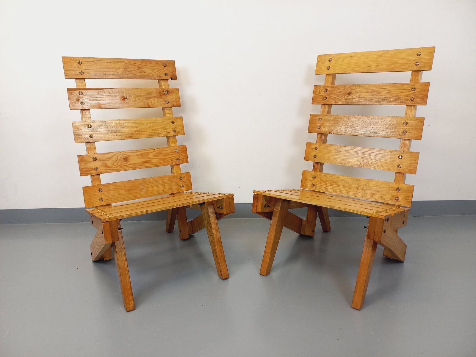 2 Brutalist Armchairs With Wooden Slats photo for sale