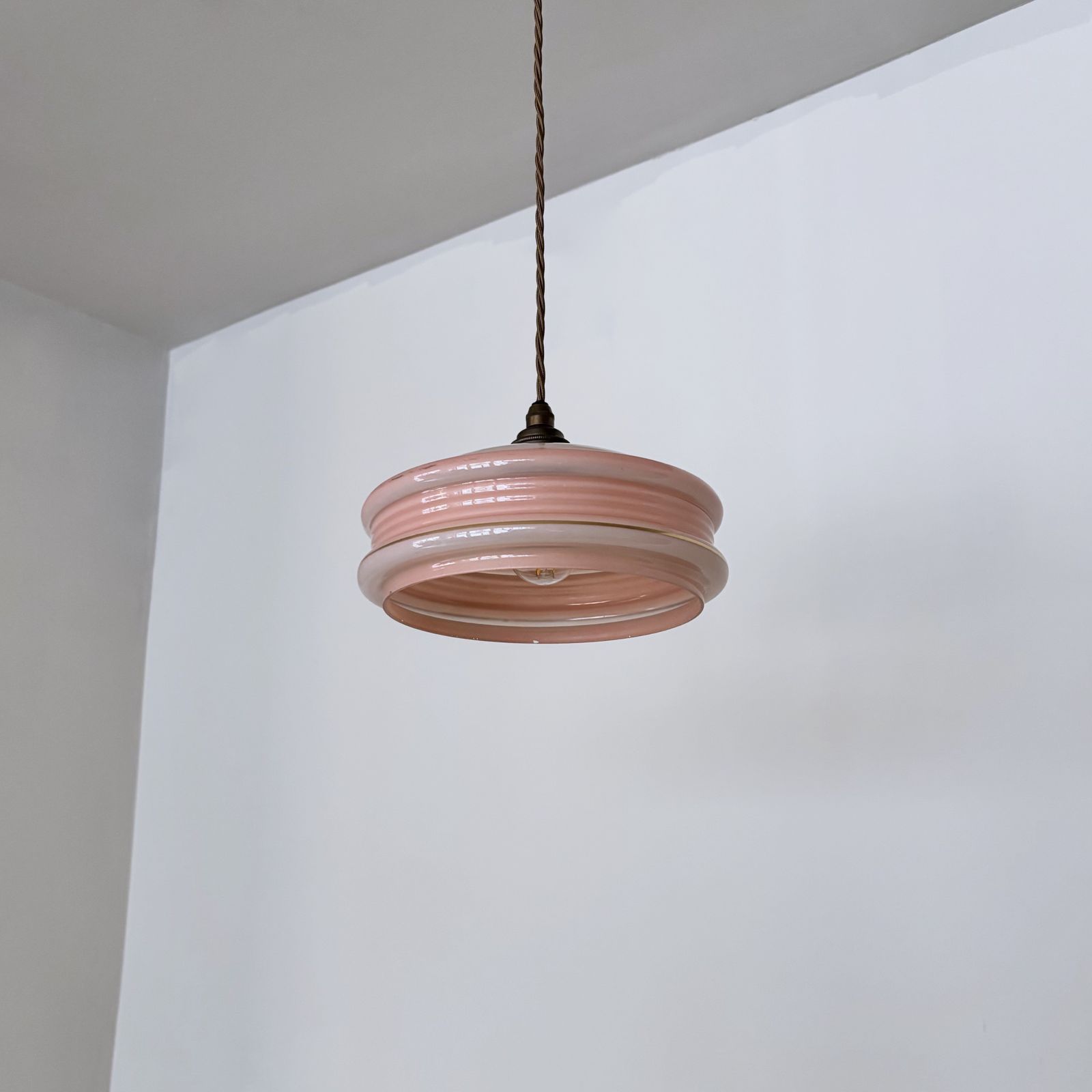 Pair Of Mid Century Pink Glass Shades With Gold Details photo for sale