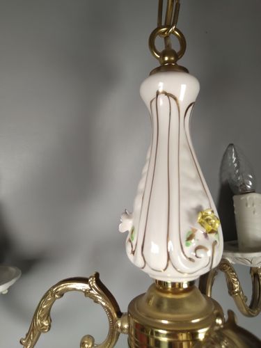Vintage Italian Ceramic Pretty Floral Flower 3 Arm Chandelier Ceiling Light photo buy