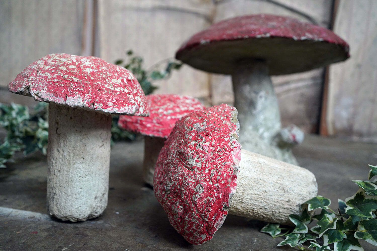 A Group Of Four Mid 20thc French Painted Stone Garden Mushrooms C.1950 60