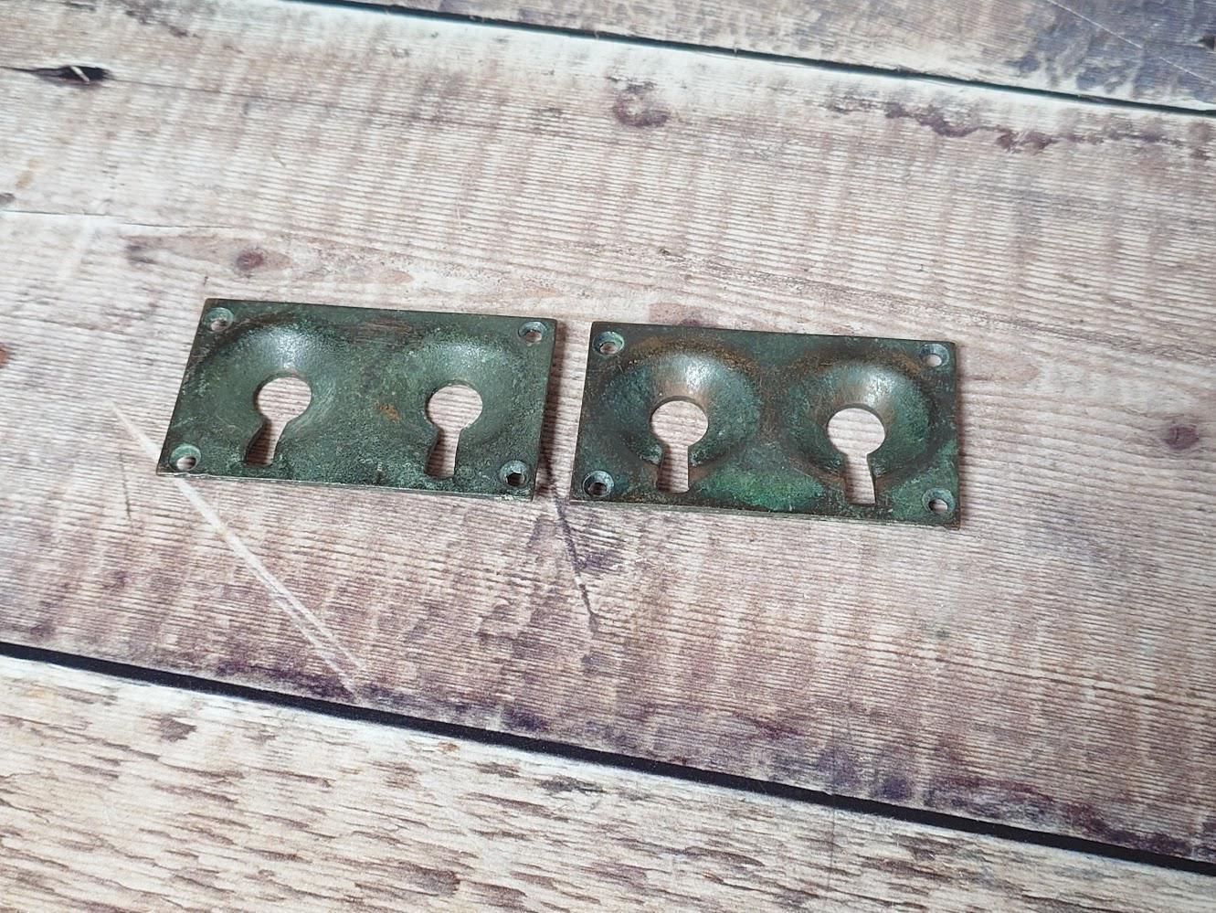 1 Pair Antique Brass Escutcheons, Brass Keyhole Surrounds, Double Keyhole