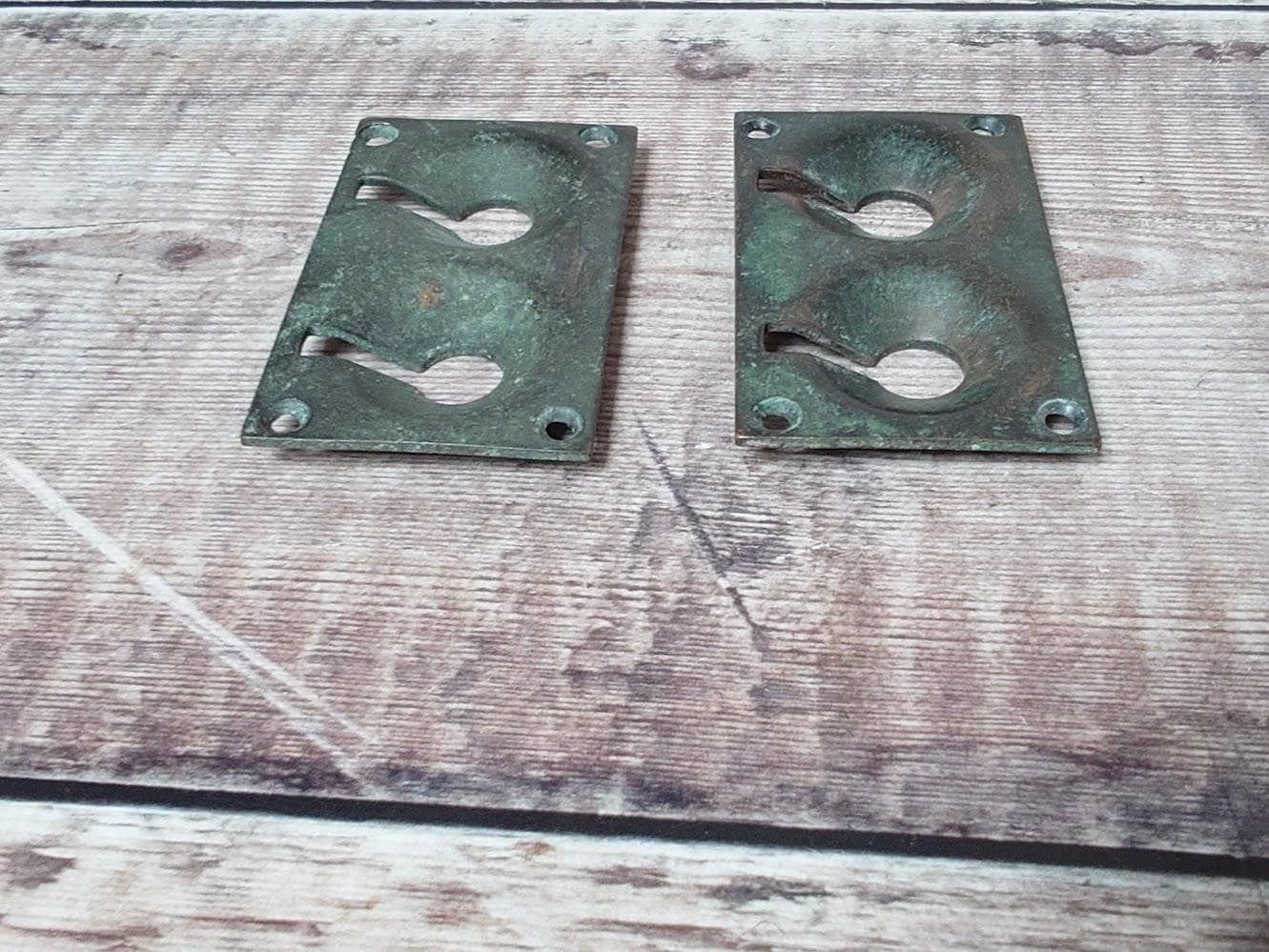 1 Pair Antique Brass Escutcheons, Brass Keyhole Surrounds, Double Keyhole photo buy