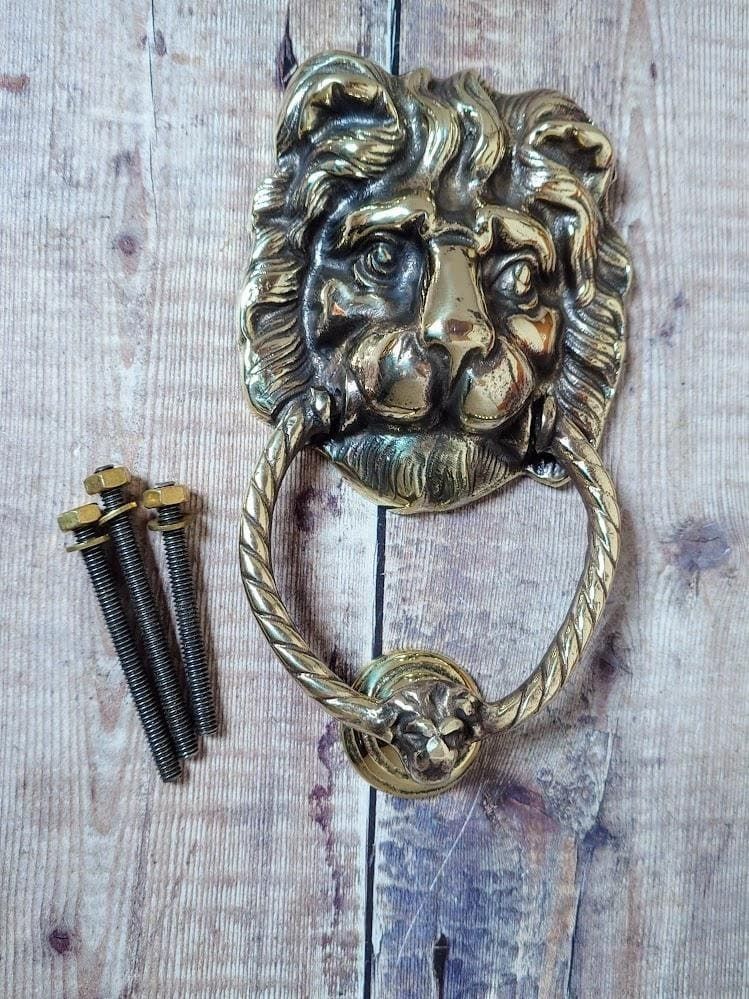 Antique Polished Brass Lion Door Knocker, Salvaged Lion Door Knocker photo vinterior