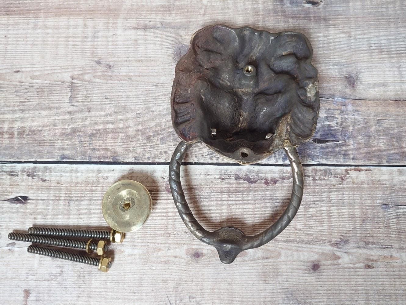 photo for sale Antique Polished Brass Lion Door Knocker, Salvaged Lion Door Knocker