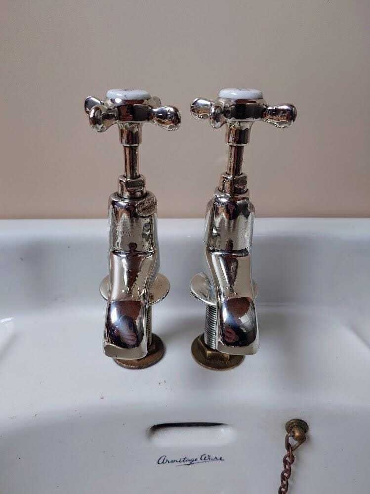 Antique Polished Nickel Basin Taps, Vintage White Brass Basin Faucets, 1930s Sink Taps, Overhauled And Ready To Fit photo Home Decor