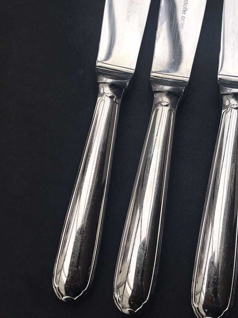 Christofle Dinner Knives Vintage Stainless Steel Table Replacement Set 6 Cutlery Acier 1980s, Elegant Dinner Luxury Gift photo Home Decor