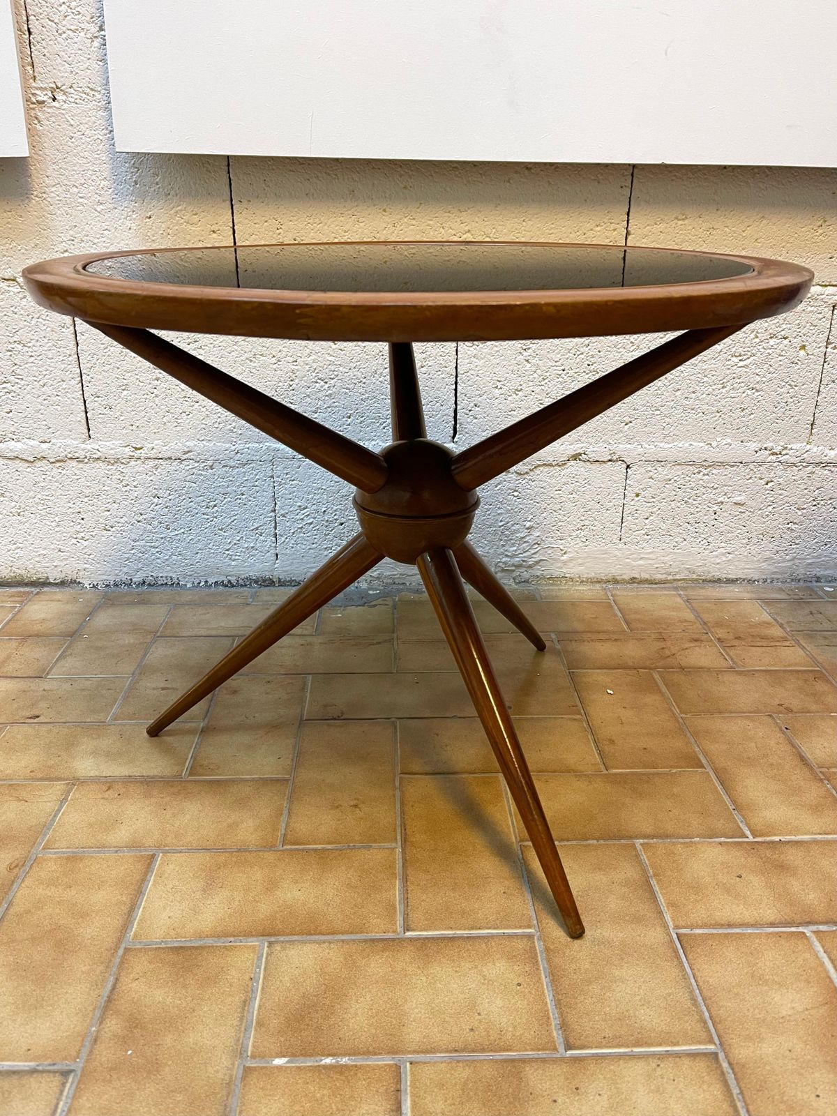 Furniture Italian Mid Century Wood And Opaline Glass Coffee Table, Italy, 1950s photo