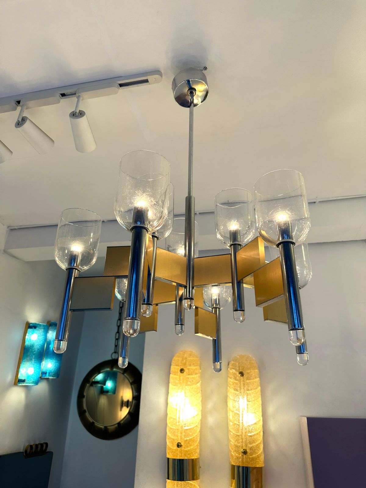 Chandelier Brass Chrome And Murano Glass By Sciolari, Italy, 1970s photo Lighting