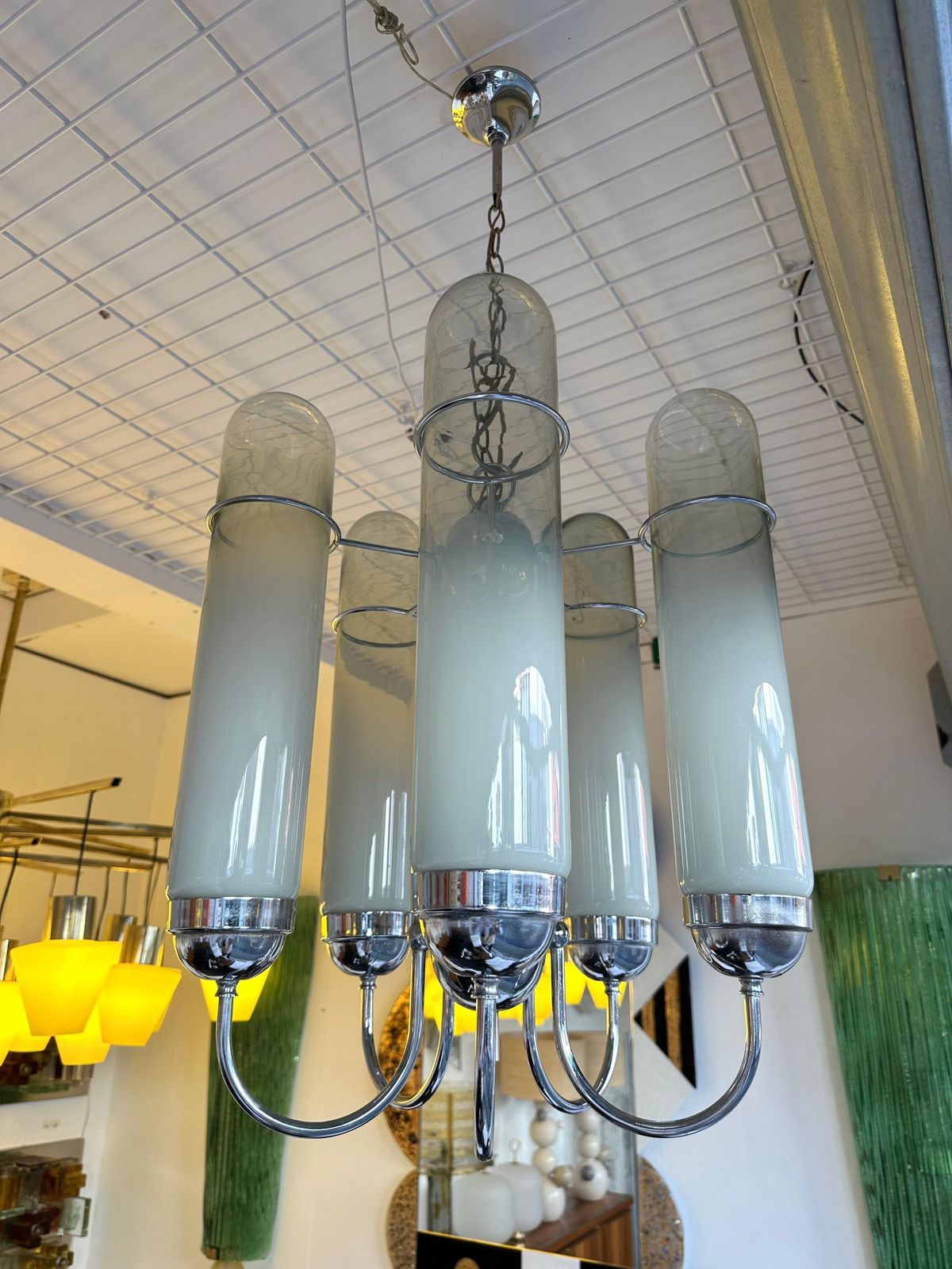 photo furniture Chandelier Murano Glass Tubes And Metal Chrome. Italy, 1970s