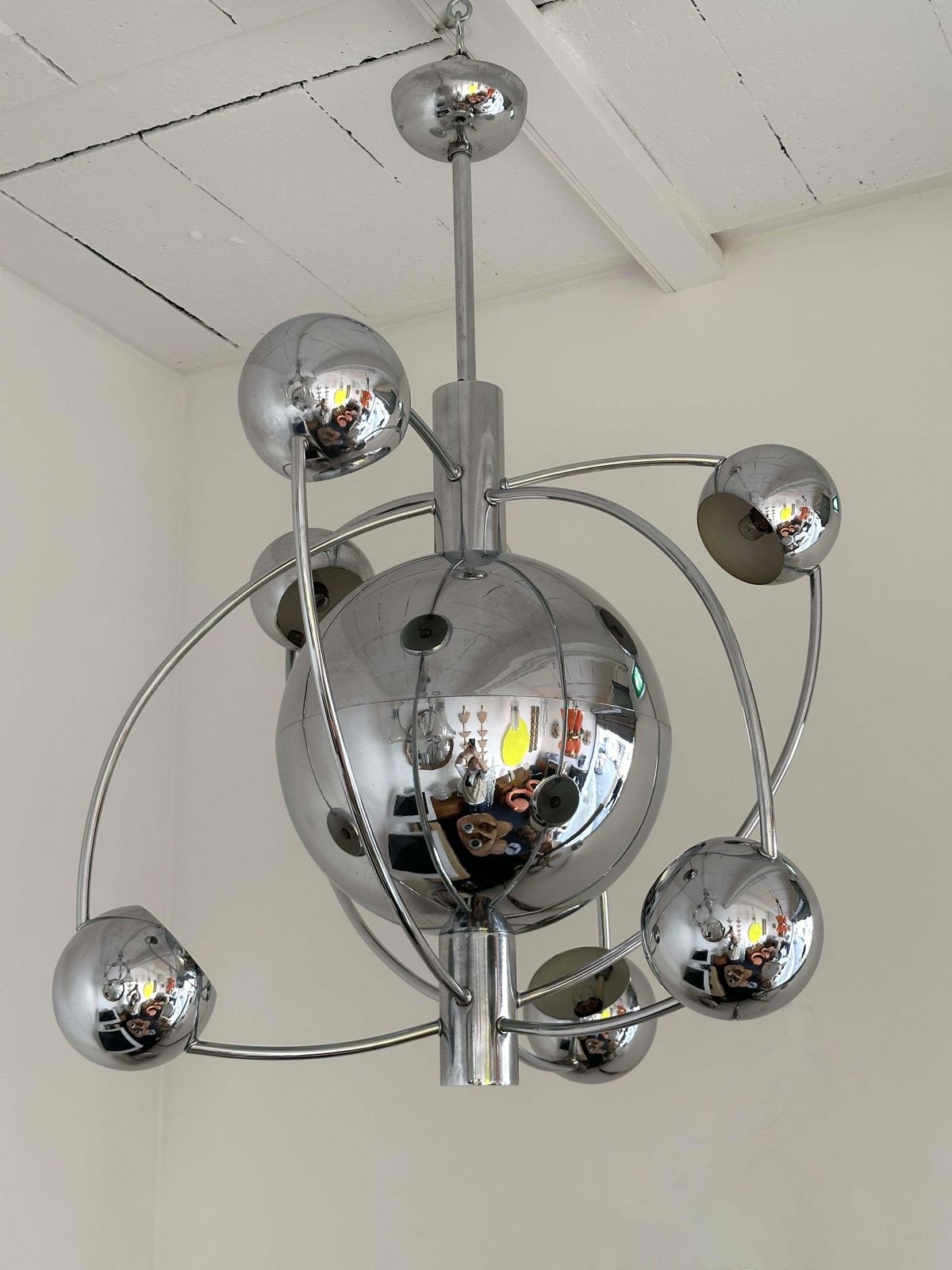 Satellite Sputnik Chandelier Metal Chrome Italy, 1970s photo for sale