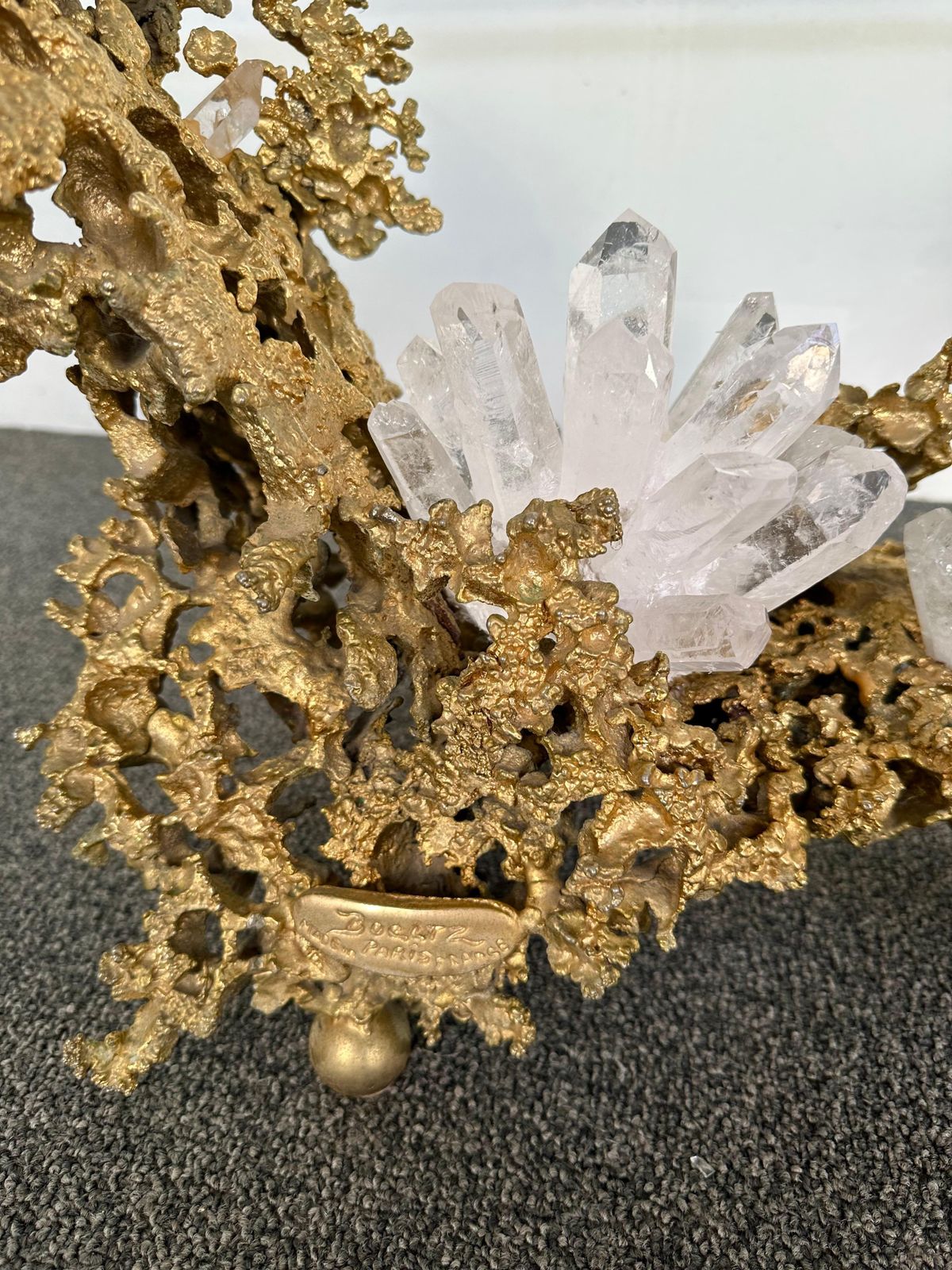 Gilt Bronze And Quartz Stone Coffee Table By Boeltz, France, 1970s photo for sale