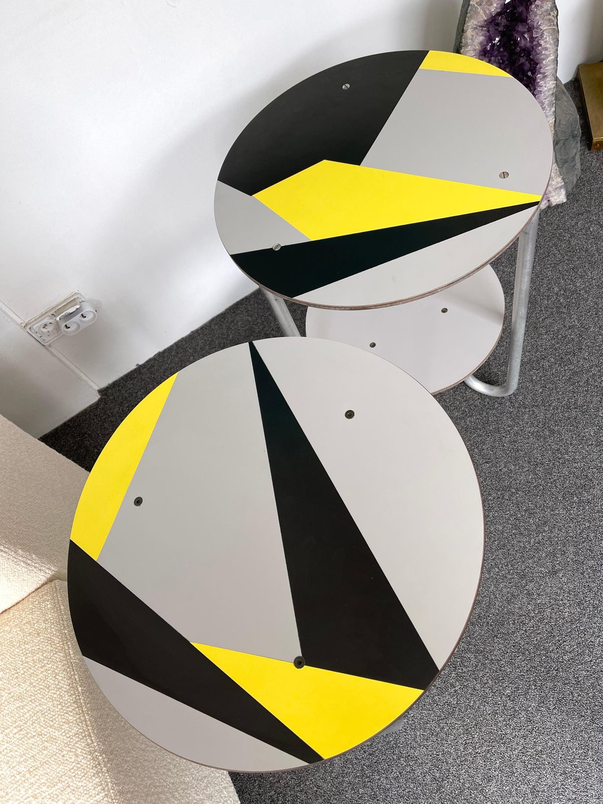 Pair Of Geometry Formica Marquetry And Metal Side Tables, Italy, 1980s photo vintage