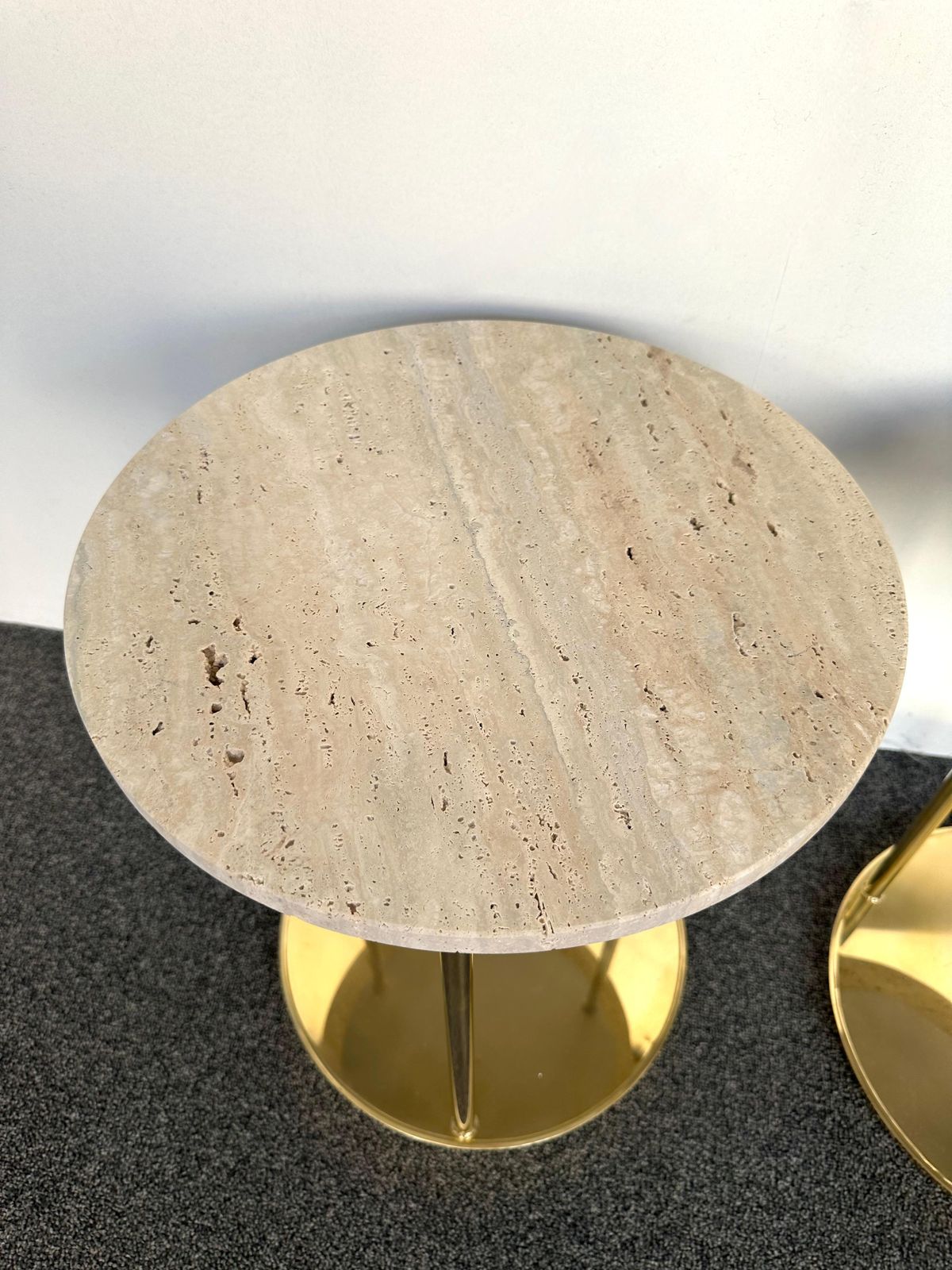 Contemporary Pair Of Brass And Travertine Side Tables, Italy photo vintage
