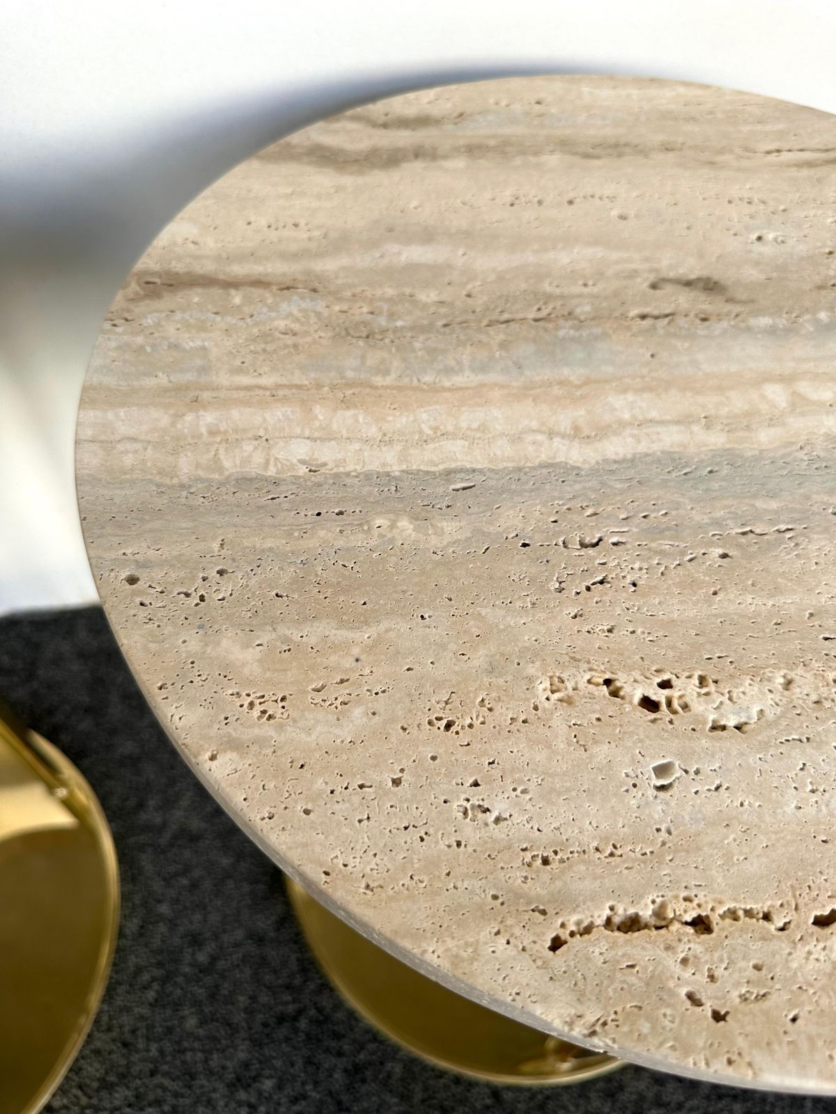 photo furniture Contemporary Pair Of Brass And Travertine Side Tables, Italy