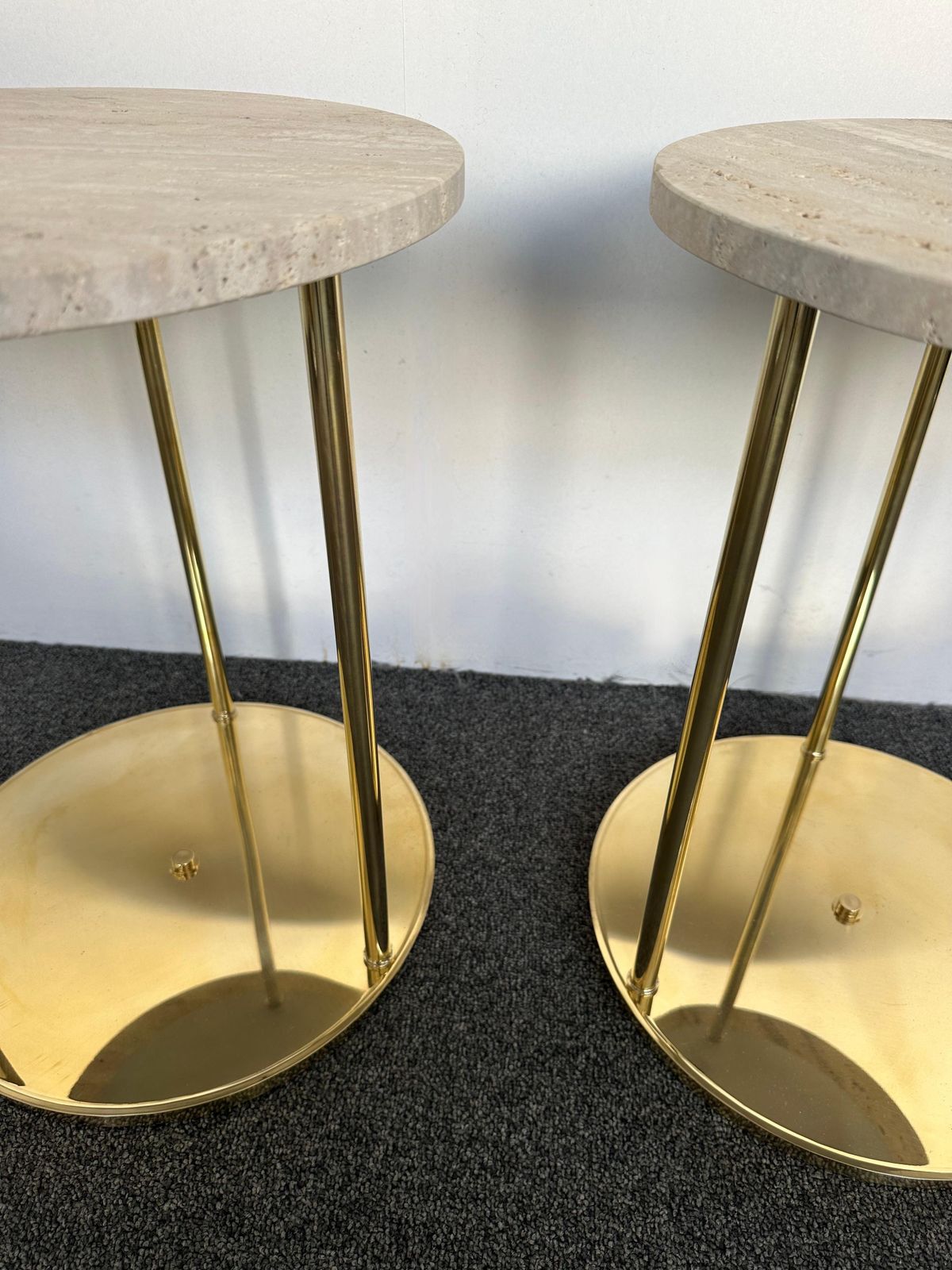 Furniture Contemporary Pair Of Brass And Travertine Side Tables, Italy photo