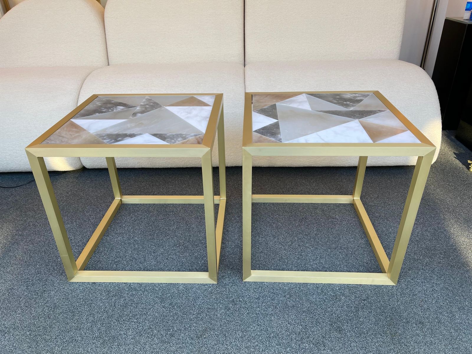 Furniture Contemporary Pair Of Brass Cube Tables Alabaster By Antonio Cagianelli, Italy photo