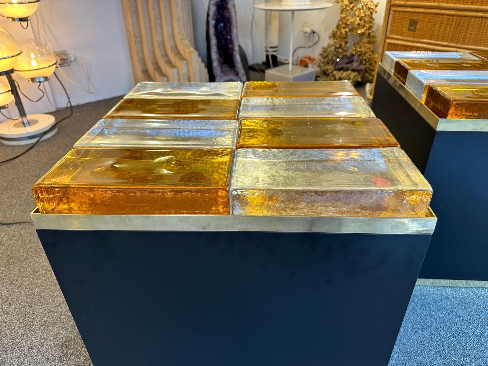 Furniture Contemporary Pair Of Lighting Murano Glass Brass Side Tables, Italy photo