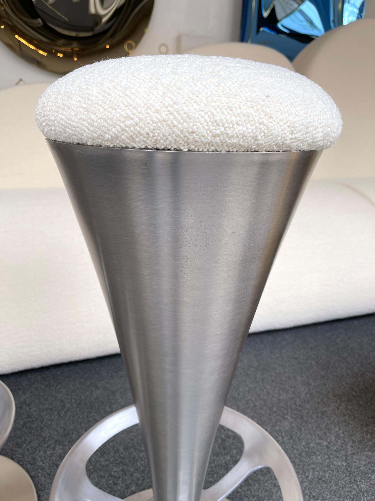 photo furniture Pair Of Stainless Steel Metal Cone Bar Stools, Italy, 1990s