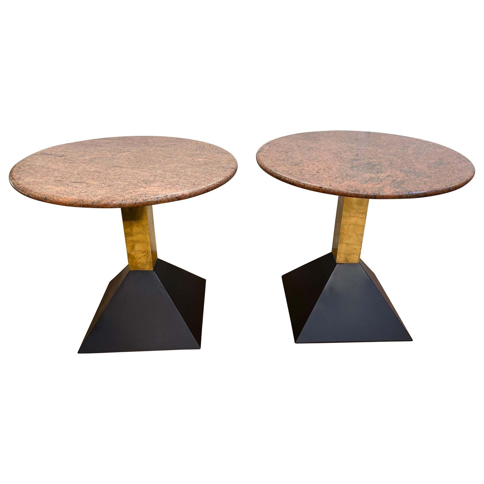 Pair Of Red Granite And Brass Side Tables, Italy, 1980s