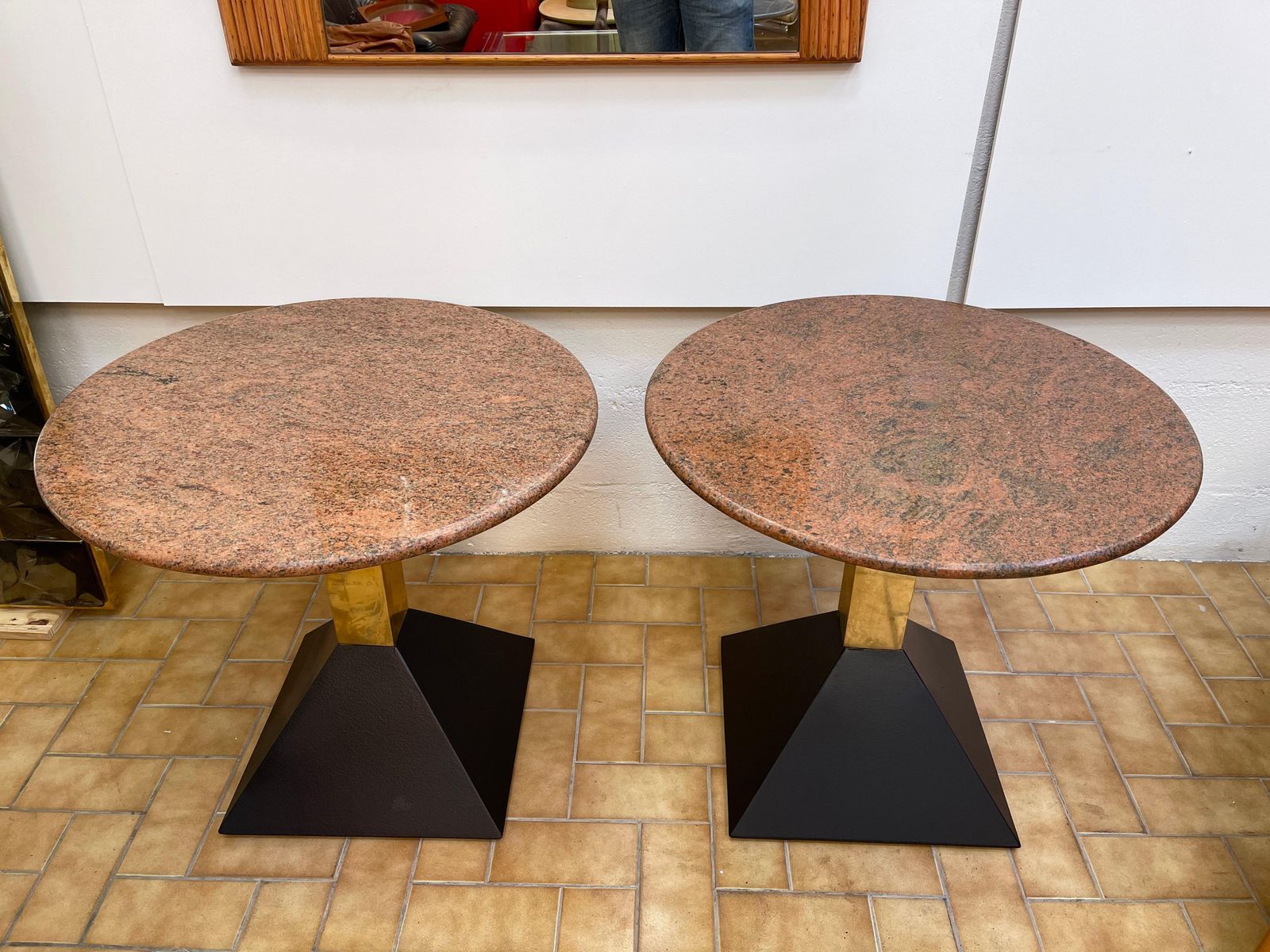 Pair Of Red Granite And Brass Side Tables, Italy, 1980s photo vinterior