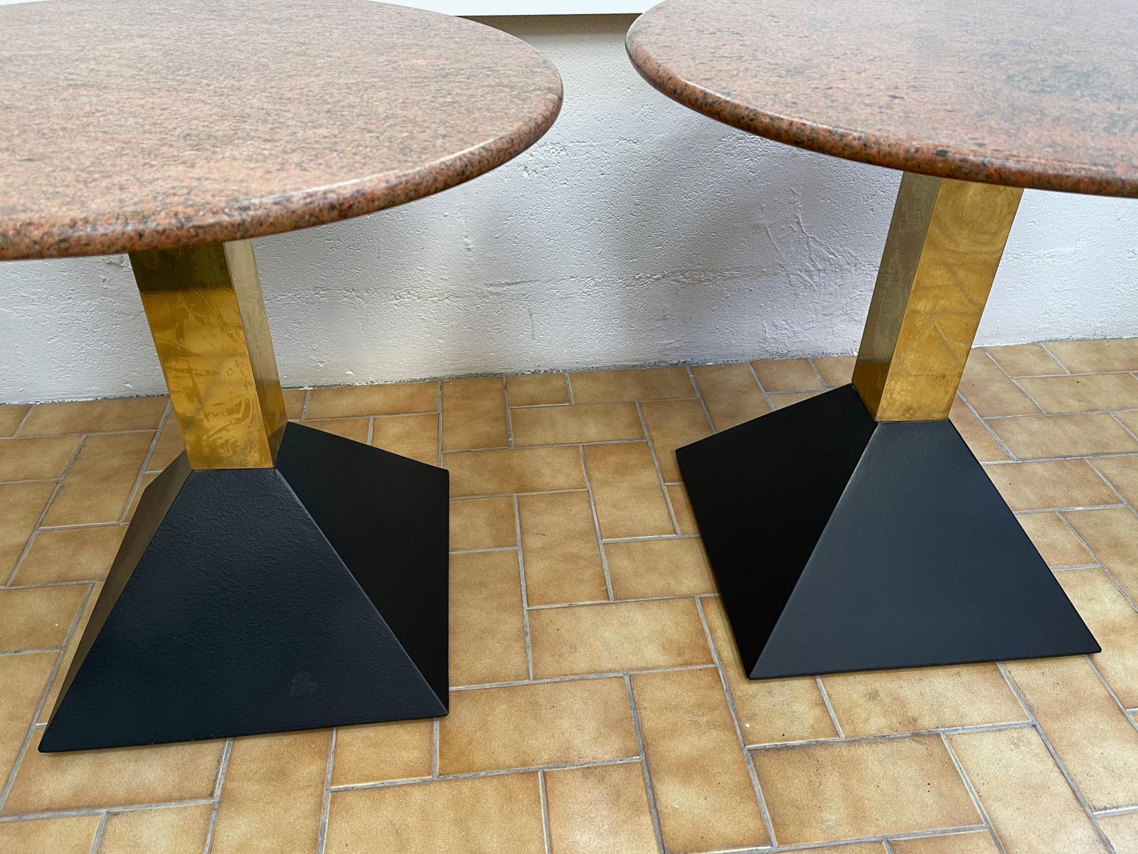 Pair Of Red Granite And Brass Side Tables, Italy, 1980s photo vintage