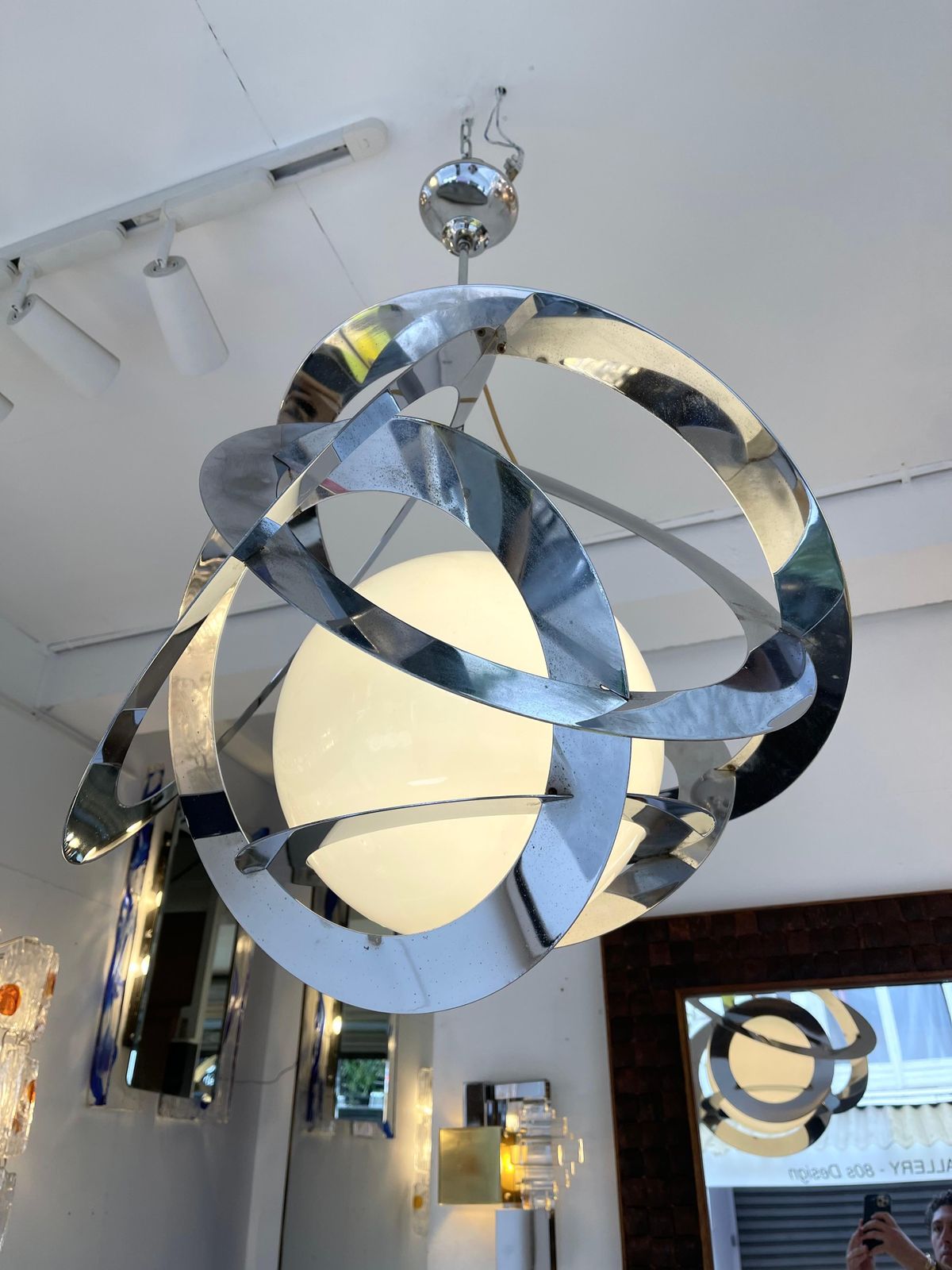 Space Age Metal Opaline Glass Saturn Pendant Lightning, Italy, 1970s photo for sale