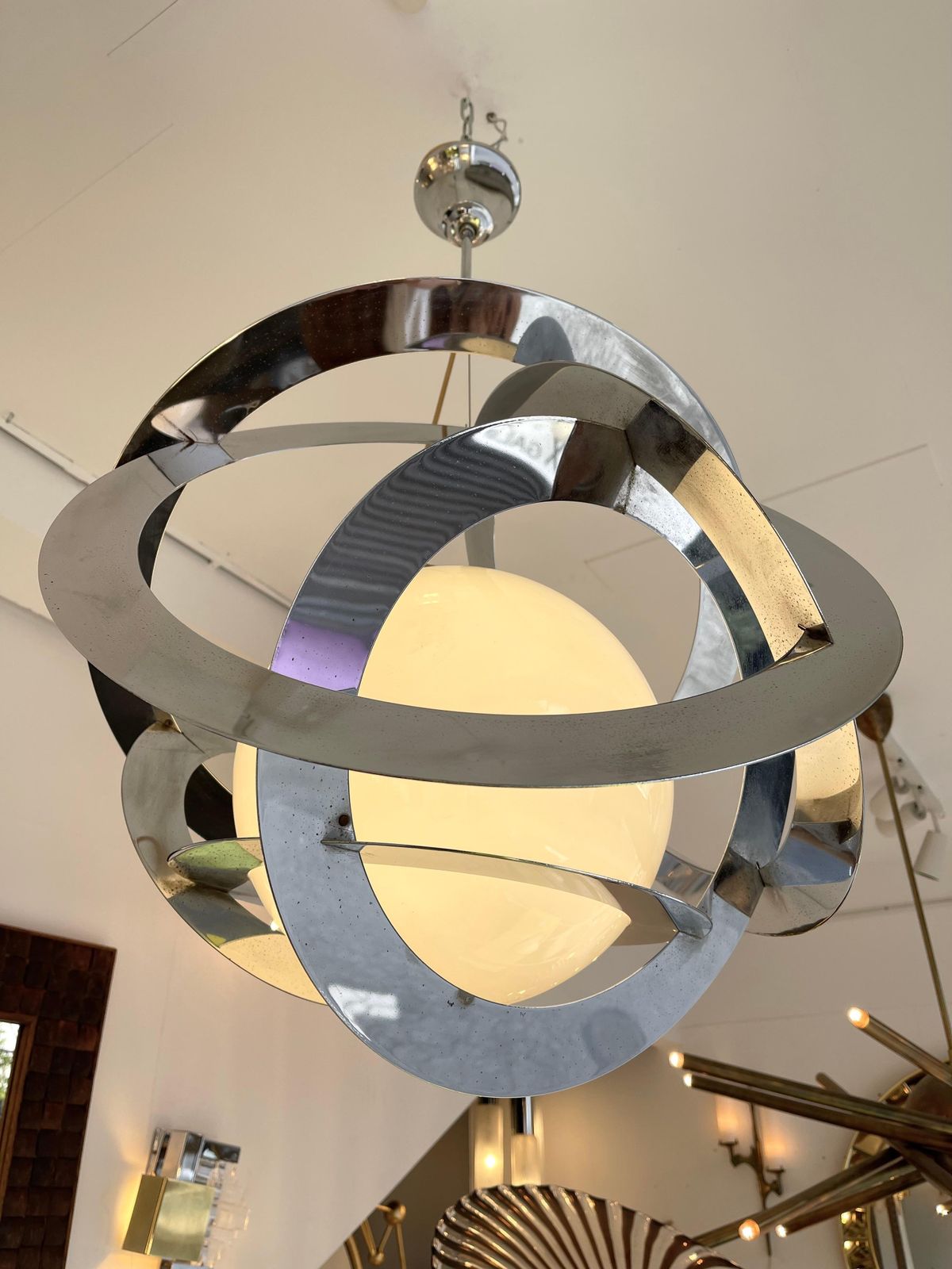 photo vinterior Space Age Metal Opaline Glass Saturn Pendant Lightning, Italy, 1970s