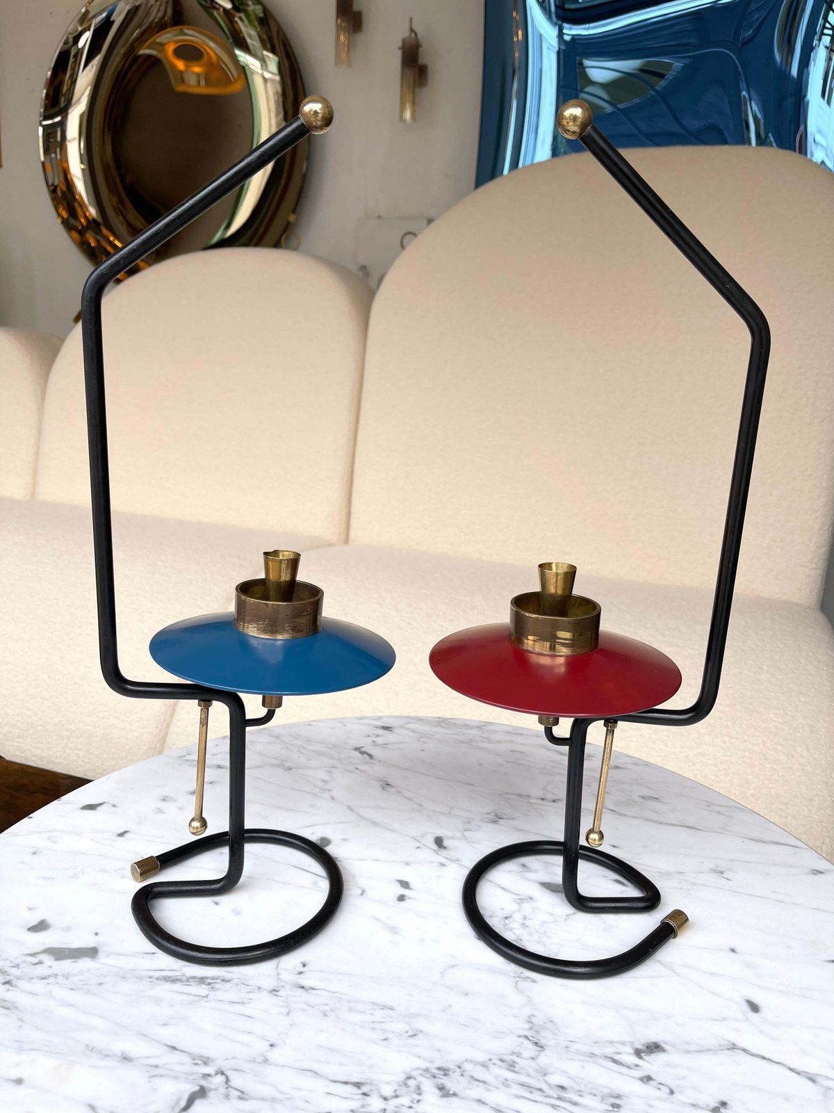 Mid Century Pair Of Candle Holders Lacquered Metal And Brass. Italy, 1950s photo furniture