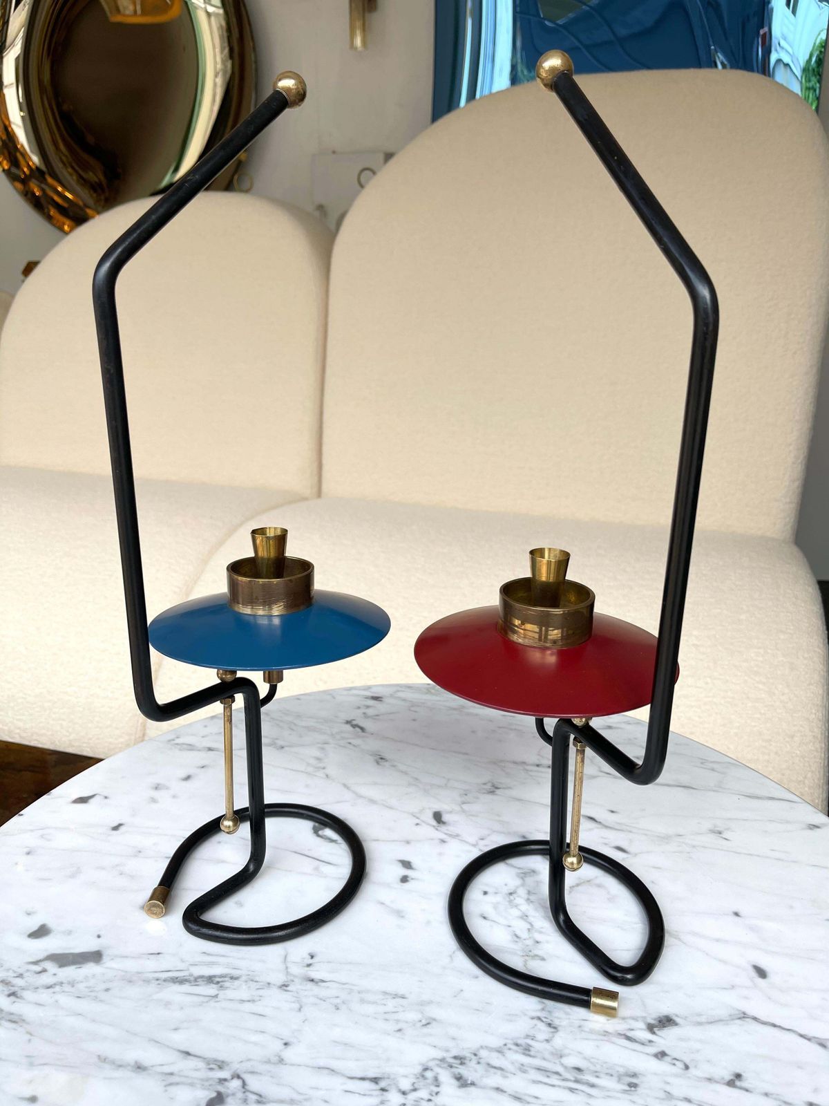 Mid Century Pair Of Candle Holders Lacquered Metal And Brass. Italy, 1950s photo vintage