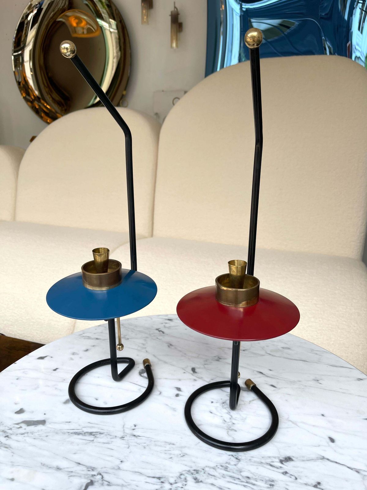 photo furniture Mid Century Pair Of Candle Holders Lacquered Metal And Brass. Italy, 1950s