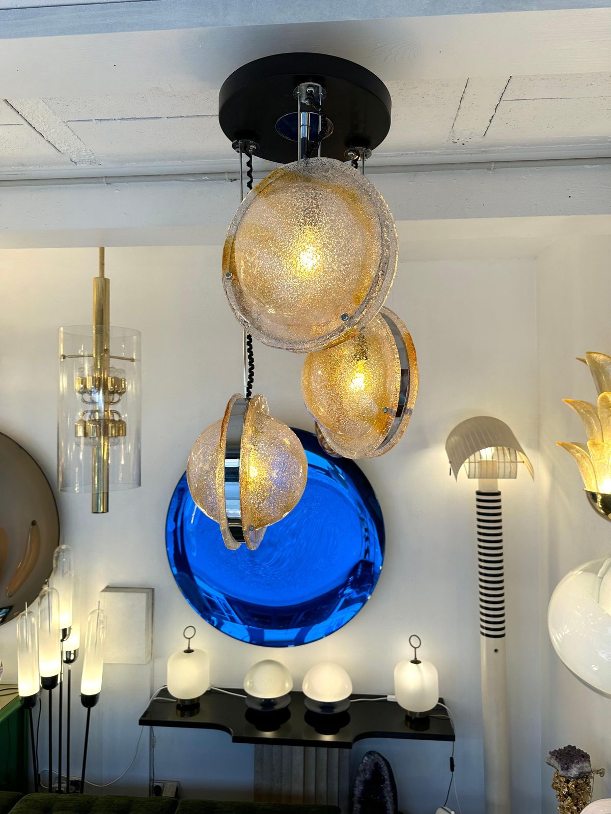 5987.0 Planetarium Chandelier Amber Murano Glass And Metal By Veart, Italy, 1970s photo