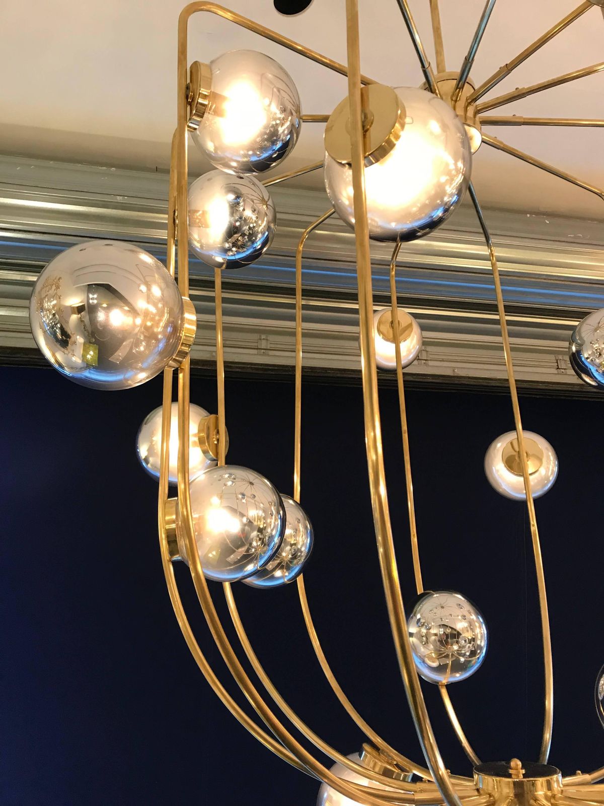 Large Contemporary Brass Cage Chandelier Murano Opaline Glass Ball, Italy photo furniture