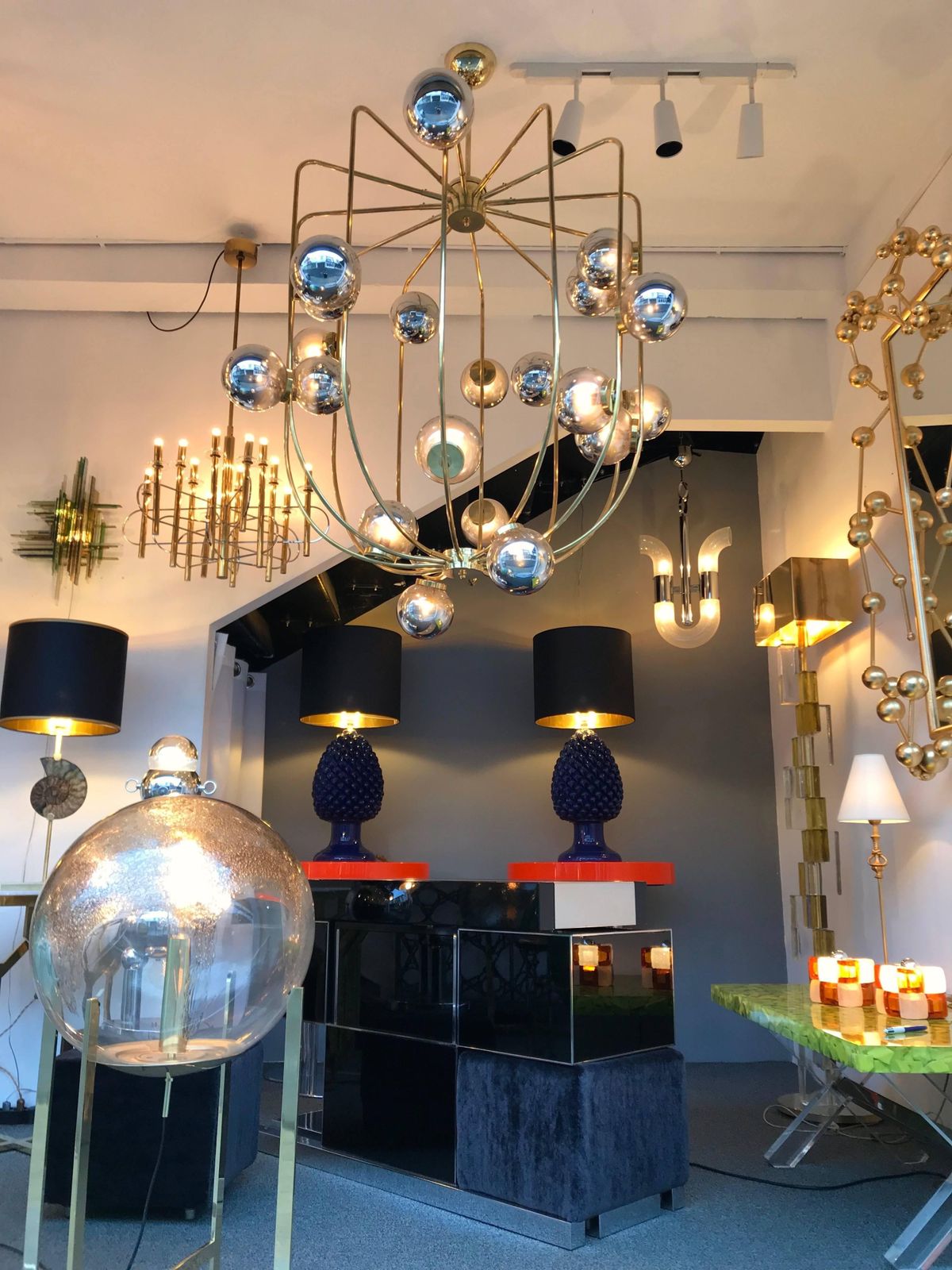 Large Contemporary Brass Cage Chandelier Murano Opaline Glass Ball, Italy photo Lighting